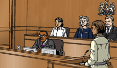 Image of someone who's case is being heard in a courtroom