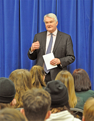 The Lord Chief Justice addresses pupils on a school visit to Mold, North Wales