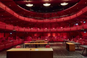 A courtroom set up in The Lowry Theatre