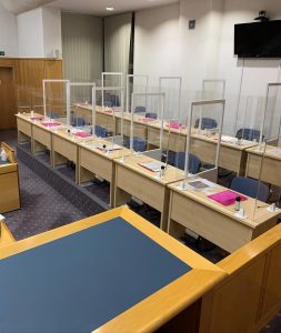 Court room jury box with plexiglass screens