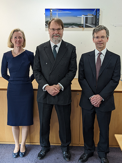 Mrs Justice Cockerill with the Vice Chancellor of Liverpool Law School and HHJ Cadwallader on her visit on 3 May 2022.